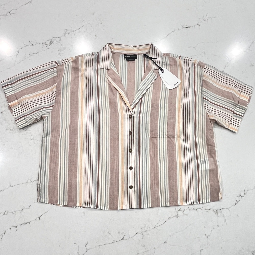prAna NEW Boxy Top Womens L Retro Stripe Tencel Eco Outdoor Coastal‎ Gorpcore